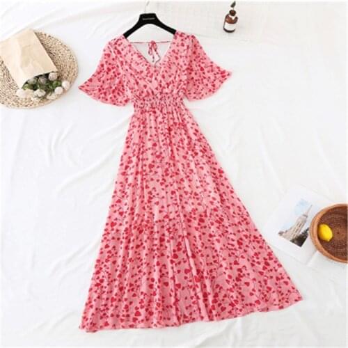 Summer Vintage Floral Chiffon Long Dress Sexy V-neck Ruffle Boho Dresses Elegant Women Party Short sleeve Dress Vestidos 94
