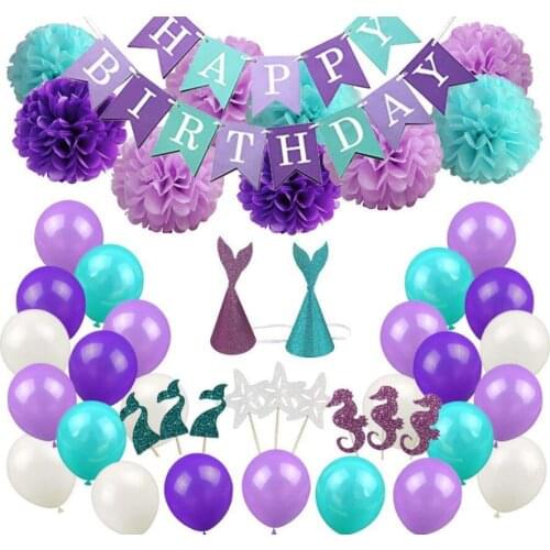 76pcs/Lot Mermaid theme Happy Birthday Party balloon decor with Mermaid birthday hat garlands