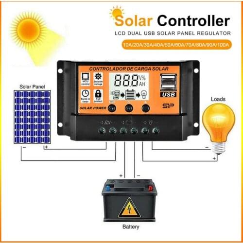 100A/80A/60A/50A/40A/30A/20A/10A Auto Solar Charge Controller PWM Controllers LCD Dual USB 5V Output Solar Panel PV Regulator