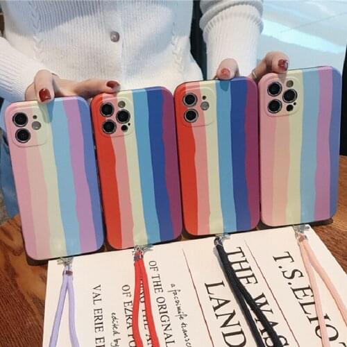 Fashion Rainbow Lanyard Soft Phone Case For iPhone 11 12 Pro XR XS Max SE2 7 8 Plus Cute Color Crossbody Necklace Silicone Cover