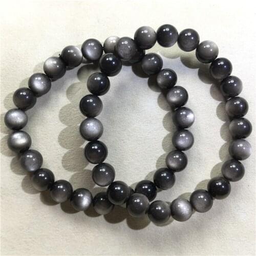 BLACK SILVER Obsidian round 8/10/12/14/16mm nature bracelet 7.5inch wholesale beads FPPJ Xmas gift