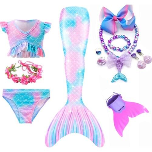 Halloween New Kids Swimming Mermaid Tail Girls Costume Cosplay Children Swimsuit Fantasy Beach Bikini Can Add Monofin Fin