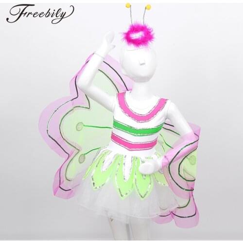 Kids Girls Bee Cosplay Costume Dance Stage Performance Outfit Sleeveless Shiny Sequins Mesh Tutu Dress with Hair Clip Wings Set