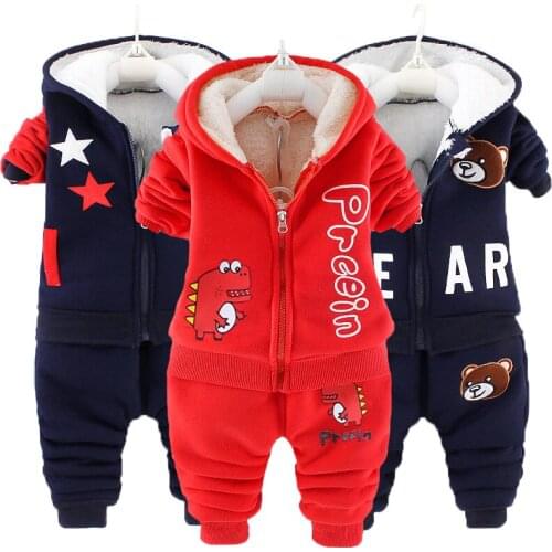 2021 New Warm Kids Suit Winter Hooded Jacket + Pants 2Pcs Clothing Set For Boys Cartoon Crocodile And Bear Thick Toddler Clothes
