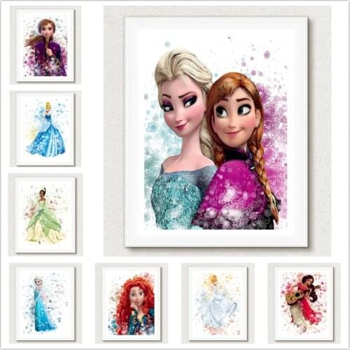 Disney Cartoon Frozen Princess Watercolor Art Canvas Painting Poster Print Wall Art Picture Kids Childrens Room Decor Cuadros