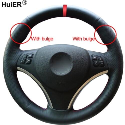 HuiER Hand Sewing Car Steering Wheel Cover Red Marker For BMW E90 320i 325i 330i 335i E87 120i 130i 120d Comfortable Car Styling
