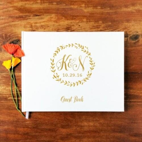 Personalised wreath Gold Foil Unique Wedding Guest Books guestbook Alternative Wedding scrap book with Names and Date guestbooks