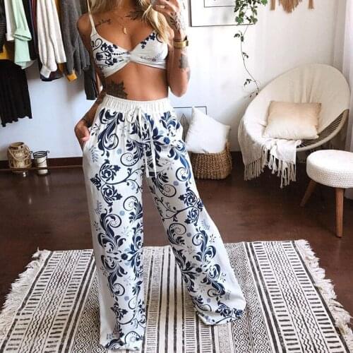 Two Piece Women Sexy Sleeveless Tube Top & Elastic Waist Wide Leg Pants Set Summer Casual Suits Fashion Print Loose 2 Pcs