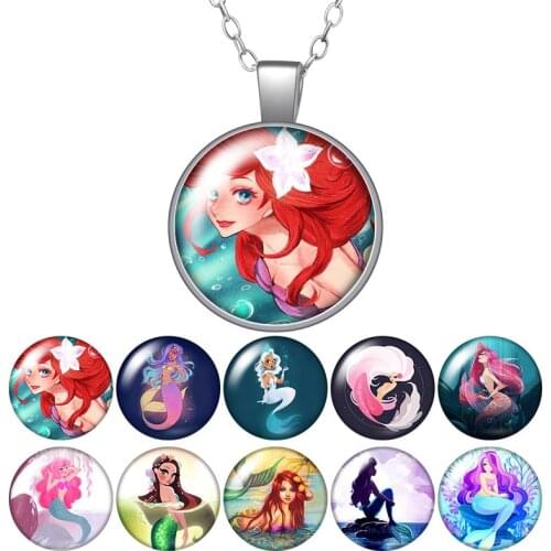 Mermaid Princess Girls Fish Round Pendant Necklace 25mm Glass Cabochon Silver plated/Crystal Jewelry Women Party Birthday Gift