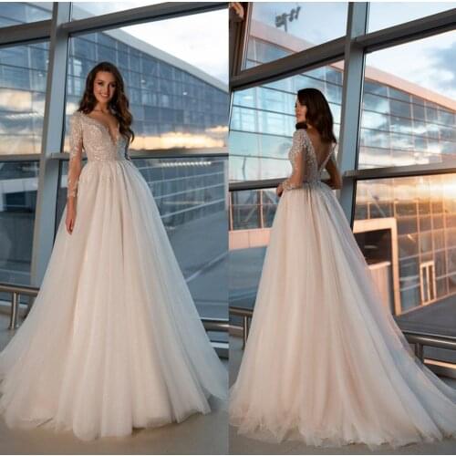 2021 Wedding Dresses V Neck Long Sleeves Appliques Lace Bridal Gowns Custom Made Backless Sweep Train A Line Wedding Dress