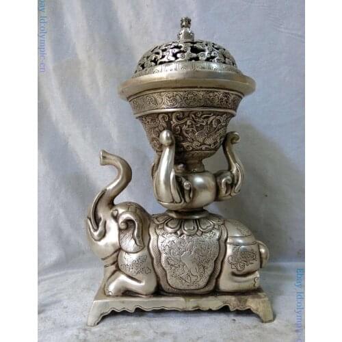 Fine silver censer China carved beautiful dragon elephant incense burner Statue