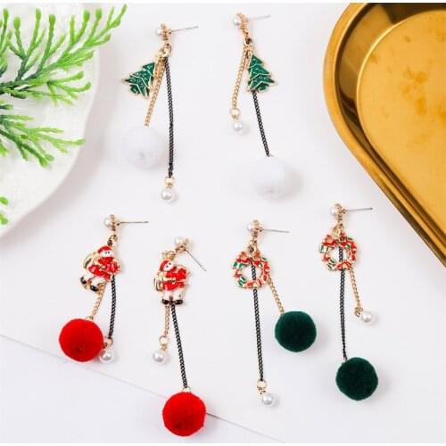 Fashion Tree Wreath Santa Claus Enamel Christmas Drop Earrings For Women Girl Metal Chain Pom Pom Dangle Earring Jewelry Gifts