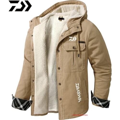 Euro Size Mens Cotton DAIWA Fishing Jacket Winter Thick Warm Parkas Male Plus Velvet Hooded Fishing Coat Men Fishing Clothings