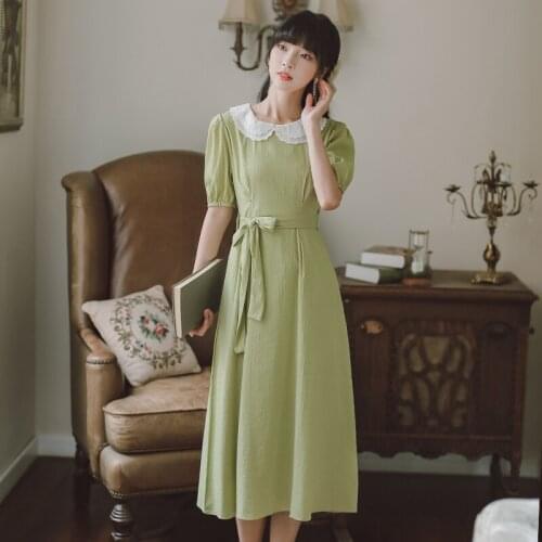 French Retro Double Layer Doll Collar Dress Vestido Mori Girl Green Puff Sleeve Mid-length Dress Summer Women