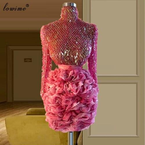 Pink Fairy Prom Dresses Mermaid Long Sleeves Cocktail Party Dresses Evening Wear Sequins Graduation Dresses Abiti Da Cerimonia