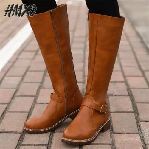 Round Toe High Tube Belt Buckle Knight Boots Female Large Size Side Zipper Mid-heel Long Tube Casual Womens Boots Combat Boots