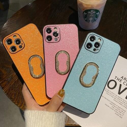 Smartphone webcam Luminous Plain Leather Lens Protection Ring Stand phone case for iphone 12, for iphone 12 pu leather c