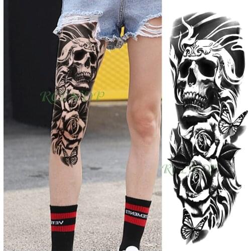 Waterproof temporary tattoo sticker totem skull butterfly rose flower black full arm fake tatoo flash sleeve tatto for men women