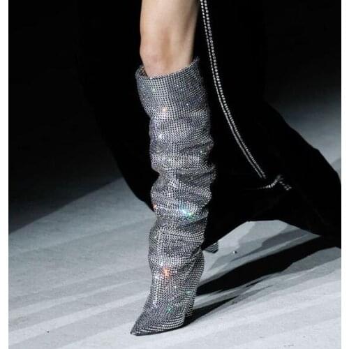 Elegant Crystal Embellished Tight High Boots Cone Heels Pointed Toe Knee High Boots For Women Runway Low Heels Boots Big Size 11