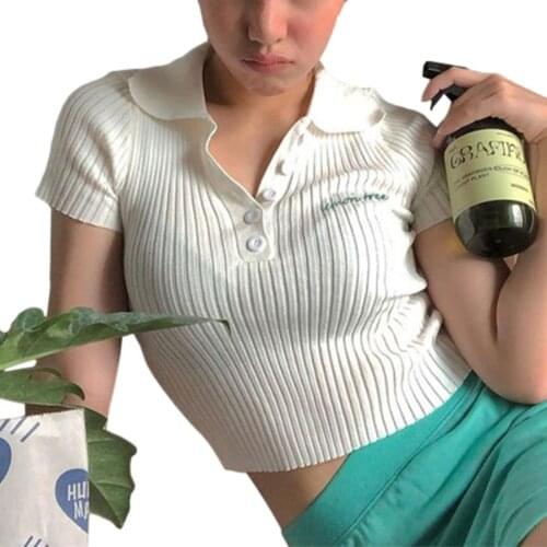 Womens Button Lapel Crop Tops Sexy Short Sleeve Letter Embroidery Rib Knit T-Shirts