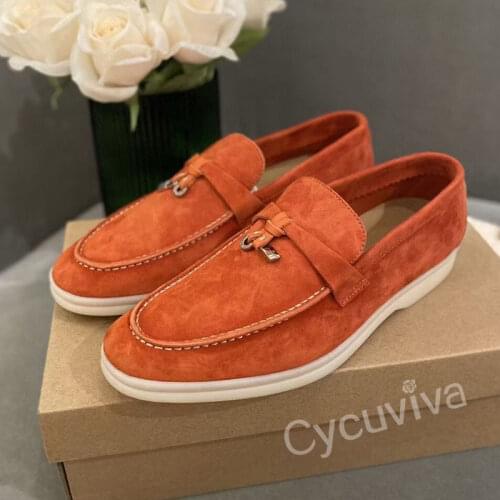 Hot Sale Flat Shoes Woman Slip On Women Loafers Leather Metal Lock Flat Suede Mules Casual Shoes Summer Walk Shoes Femme