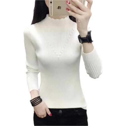 2020 Autumn Winter Sweater Women Casual Long Sleeve Half Turtleneck Elegant Slim Solid Pullover Knitted White Sweaters Fashion