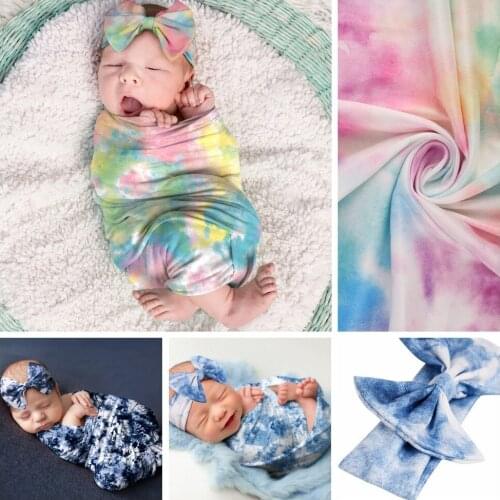 2 Pcs Newborn Baby Tie Dye Blanket Girls Boys Print Cotton Wrap with Headband Set Kids Soft Cloth Pajamas Gift