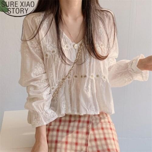 Korean Style Sweet White Blouses 2021 New Women Lace Blouse Floral Shirt V-neck Flare Sleeve Ladies Tops Blusas Mujer 13037