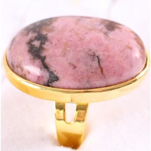 Finger Ring For Woman Men Natural Stone Gem Oval Beaded Ring Pink Rhodonite Ring Adjustable Jewelry Gift 1Pcs Z306