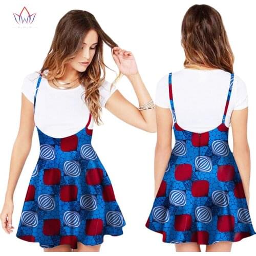 BRW Summer African Women Mini Skirt Skater Skirt with Shoulder Straps Floral Pleated Hem Braces Africa Skirt for Women WY1810