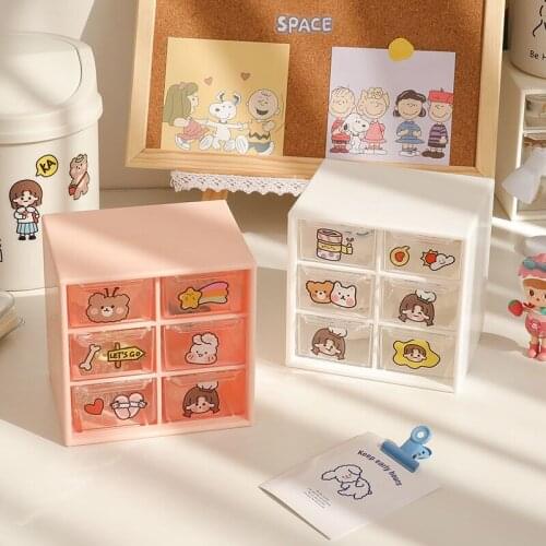 MINKYS Kawaii Transparent 6 Grid Drawer Desktop Storage Box Desk Organizer Holder Free Sticker School Office Stationery