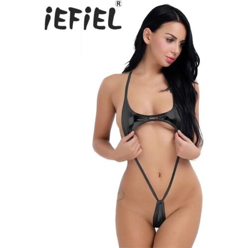 Fashion Sexy Women Lingerie Patent Leather Halter One-Piece Teddy High Cut Bikini Thong Bodysuit Nightwear Swimming Swimwear