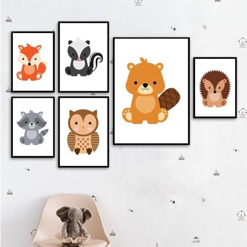 Cartoon Fox Raccoon Squirrel Hedgehog Wall Art Canvas Painting Nordic Posters And Prints Wall Pictures Baby Kids Room Decor