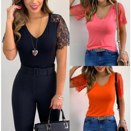 New Womens Ladies Lace Short Sleeve Plain T Shirt Casual Slim Tunic Tops