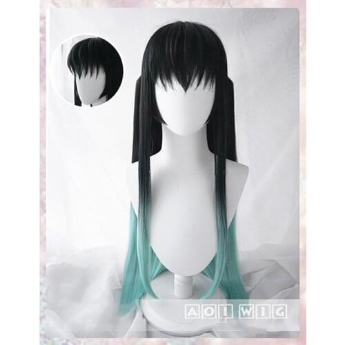 Demon Slayer Kimetsu No Yaiba Tokitou Muichirou Cosplay Wig Black Blue Ponytails Synthetic Hair Halloween+ Free Wig Cap