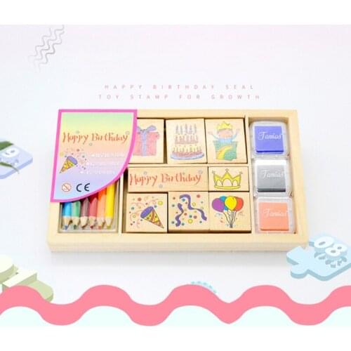 Happy Birthday Wooden Stamp Set 8 Stamps 6 Colored Pencils 3-Color Stamp Pad Scrapbooking Stationery DIY Arts Crafts for
