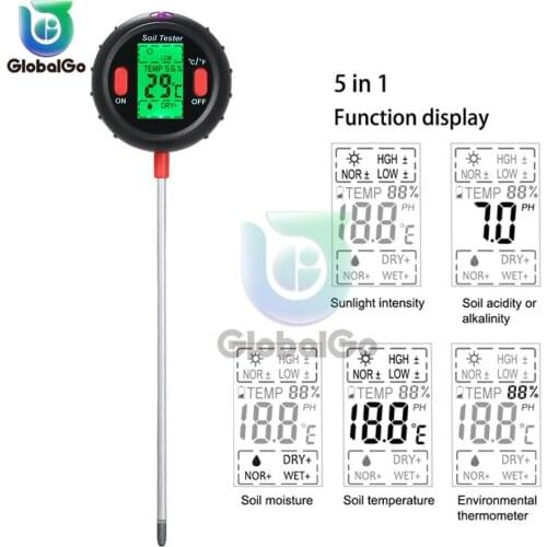 5 in1 Soil pH Tester Gardening Plant Flower Soil Alkalinity Acidity Temperature Sunlight Digital Ph Meter Analyzer Tool