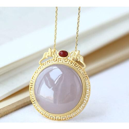 High-Grade Jade S925 Sterling Silver Plated Gold Inlaid with Jade Hetian Gray Jade Lucky Pendant Smoke Purple Gray round Ladies