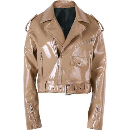 YOLOAgain Women Genuine Leather Jacket Ladies Patent Leather Motorcycle Jacket