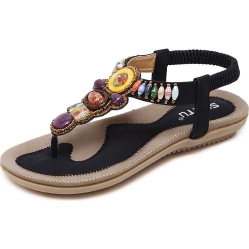 SIKETU Women Sandals Woman Summer Fashion Casual Flats Heels Bohemia String Bead Flip flop Beach Sandals Size 35-45 Black Beige