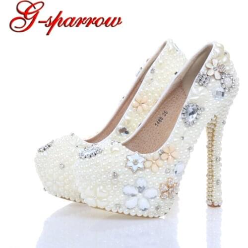 Handmade Large Size Women Pumps Ivory Pearl Wedding Party Shoes Round Toe Bridal High Heels Bridesmaid Shoes 6cm Middle Heel