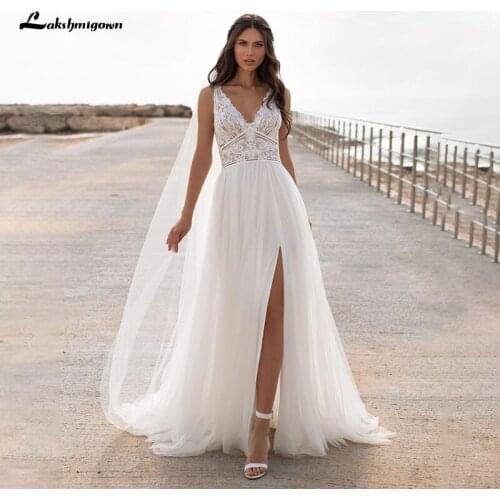 Lakshmigown High Slit A Line Wedding Dresses 2021 V Neck Backless Lace Appliques Boho Beach Tulle Bridal Gown vestido de novia