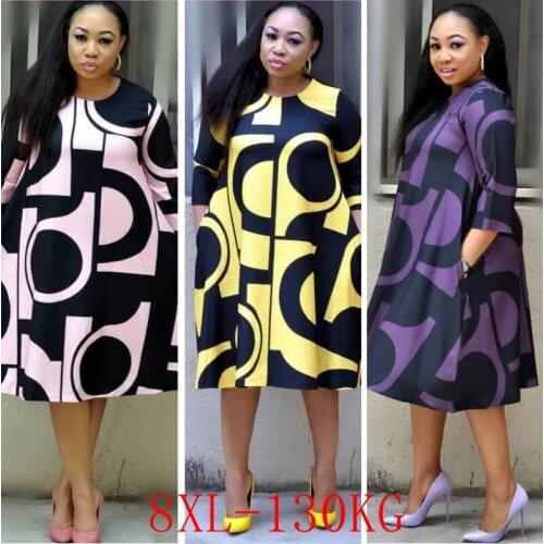 2021 plus size dress 4XL-8XL bust 138CM fashion womens zipper pocket digital printing round neck mid-sleeve plus size dress
