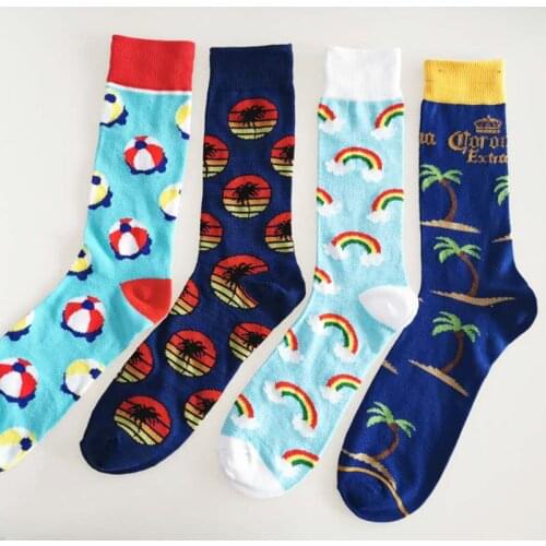 4 pair New Vacation style women Cartoon Coconut tree ball rainbow pattern Couple cute sporting Cotton socks man Sweat Crew socks
