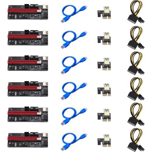 6pcs VER009 USB 3.0 PCI-E Riser VER 009S Express 1X 4x 8x 16x Extender Riser Adapter Card SATA 15pin to 6 pin Power Cable