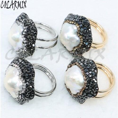 8 Pieces Natural pearls rings pave rhinestone natural pearls mix color druzy rings gift for lady 4891