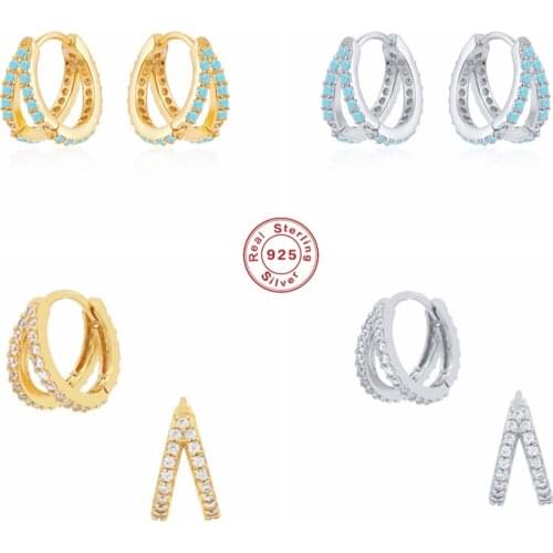 BOAKO 925 Sterling Silver Pave Turquoise Hoop Earrings For Women Blue CZ Crystal Double Circle Huggie Earrings Party Fine Jewel
