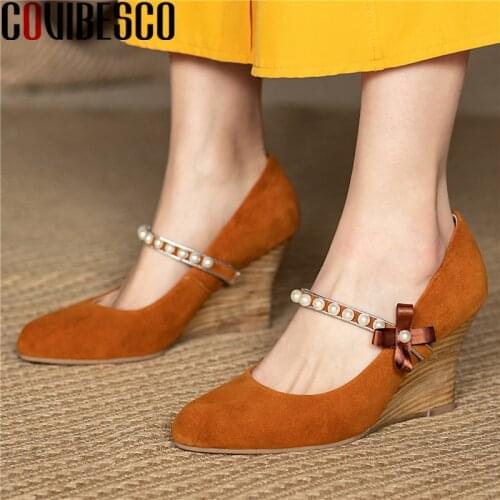 COVIBESCO Mature Concise Women Pumps Kid Suede Pearl Mary Janes Wedges Heels Office Lady Party Shoes Woman 2021 Autumn Summer