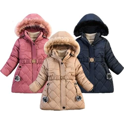 Long Style Winter Keep Warm Girls Jacket Thick Fur Collar Simulation Belt Grid Design Fashion Hooded Outerwear Coat For Kids