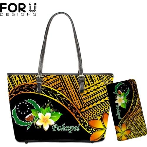 FORUDESIGNS Brand Designer 2pcs Women Luxury Shoulder Bag And Wallets Pohnpei Polynesian Plumeria Printing Ladies Handbags Sac